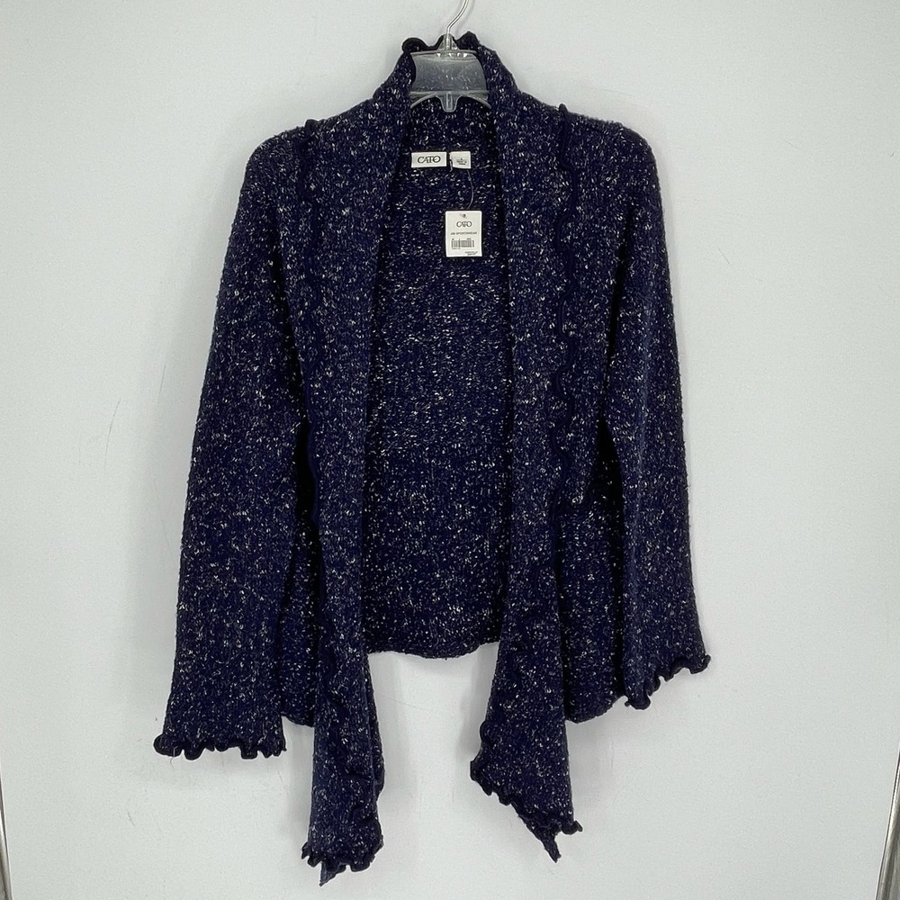 Cato NWT Women's Navy Blue Marled Ruffle Trim Open Front Cardigan Sweater Size L